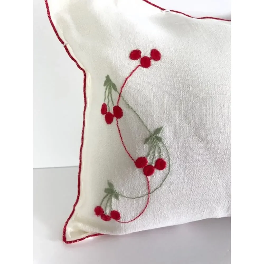 Upcycled Handcrafted Vintage Linen Cherry Doily Accent Boudoir Pillow 14